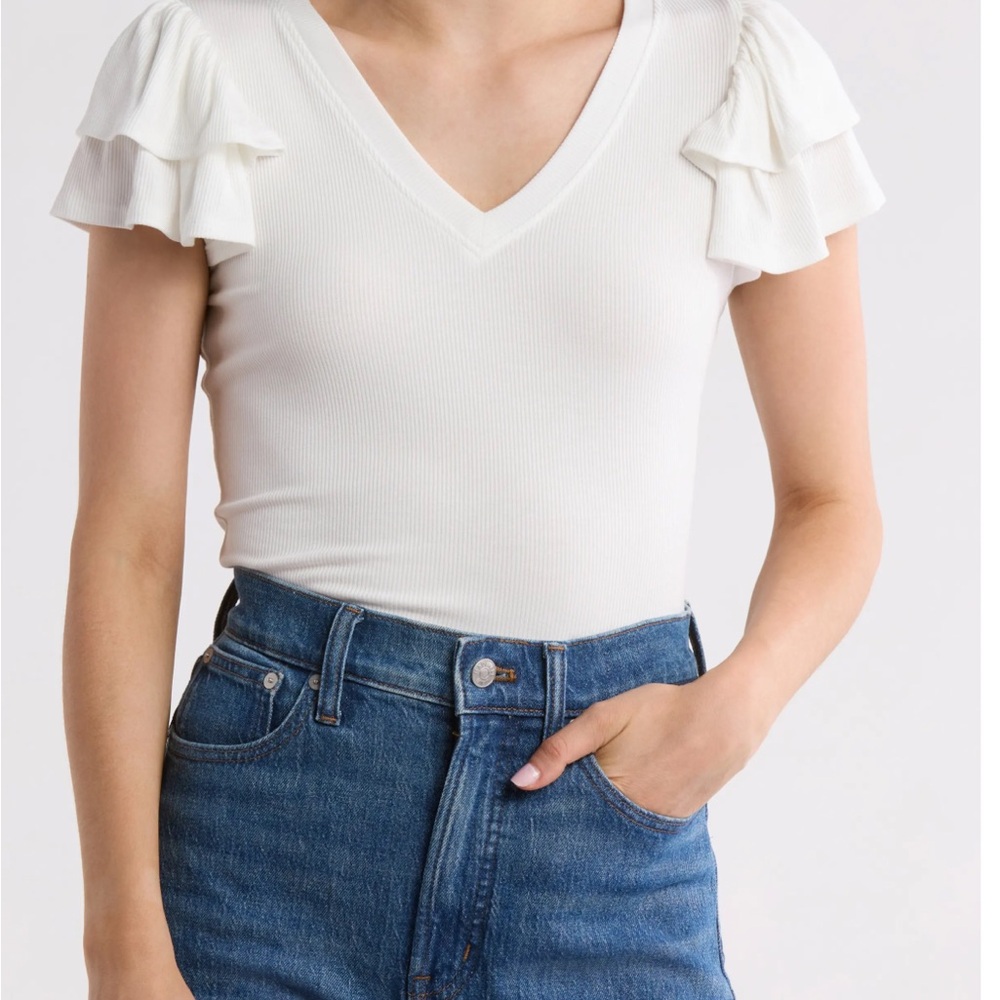 1. State White Ribbed Ruffle Sleeve Blouse